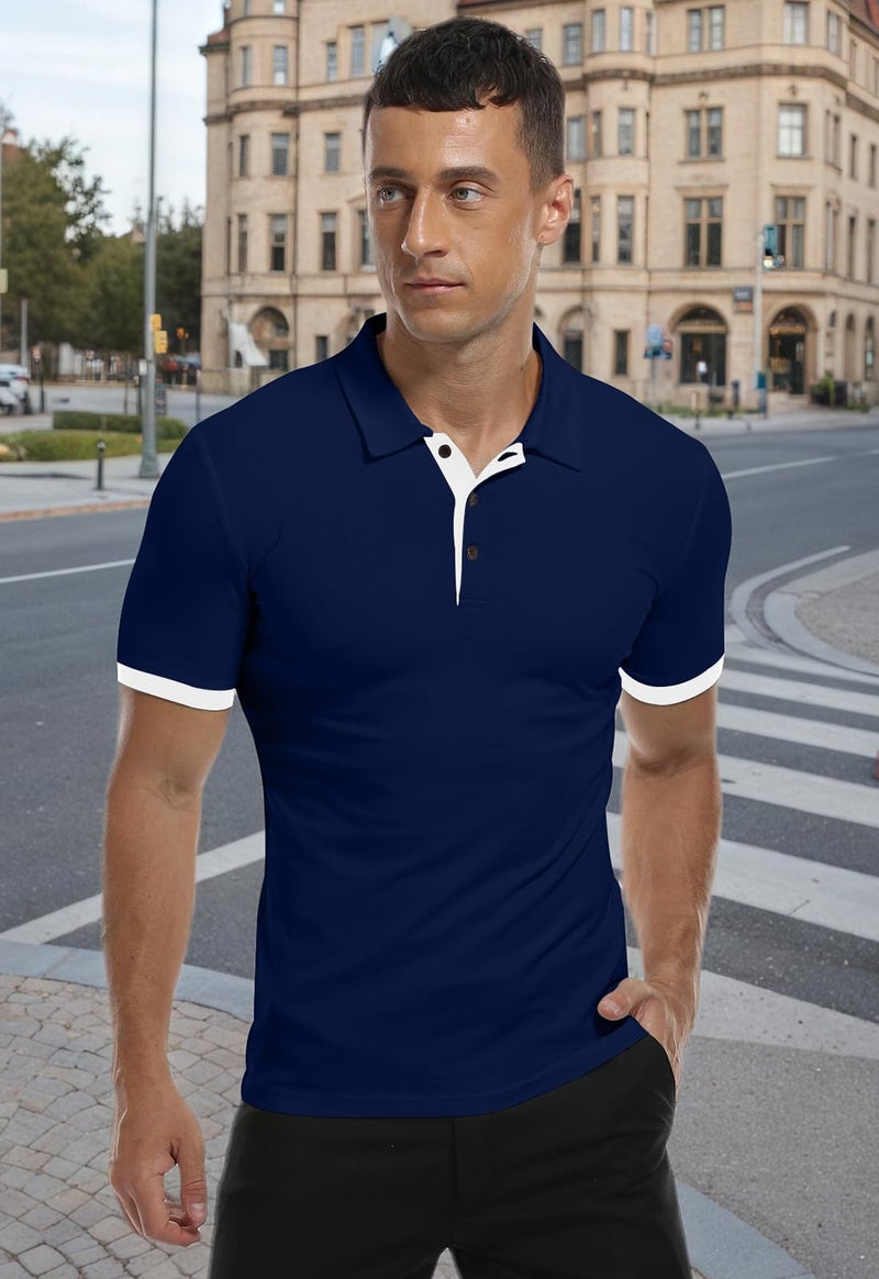 KUYIGO Men's Short Sleeve Polo Shirts Casual Slim Fit Basic Designed Cotton Shirt Large Navy - Image 5